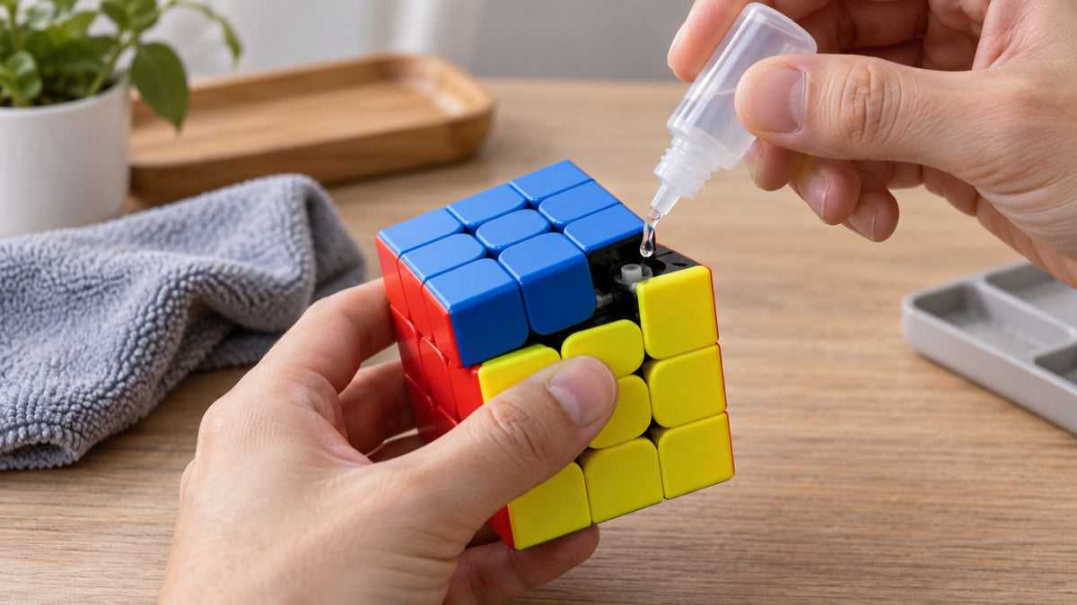 Entretien d’un cube de vitesse 3×3 avec un flacon de lubrifiant — illustration Cube Lab
