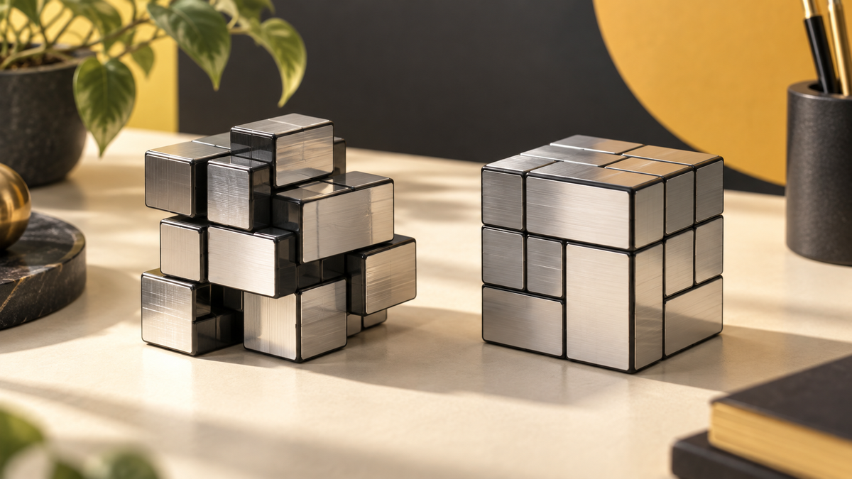 Illustration Cube Lab : cube miroir argenté mélangé et cube miroir résolu Image