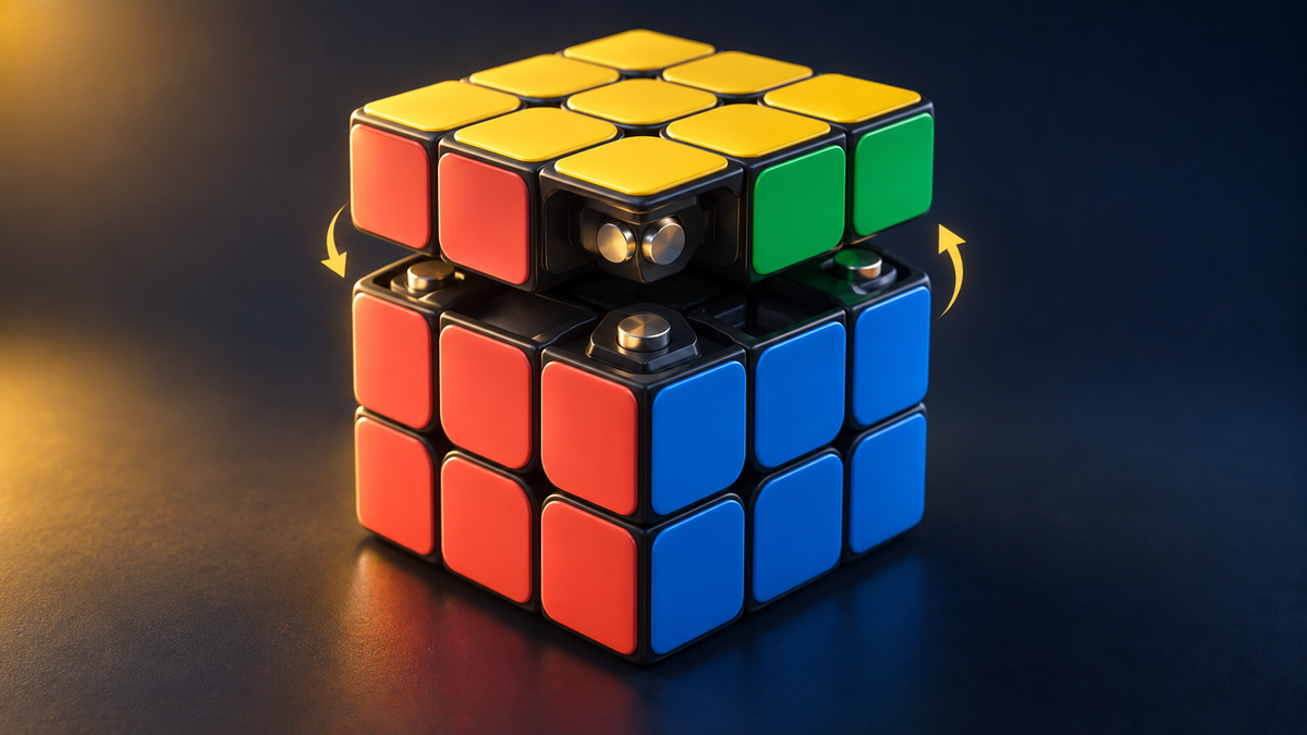 Illustration conceptuelle d’un cube 3×3 avec une couche ouverte et des aimants — Cube Lab Image