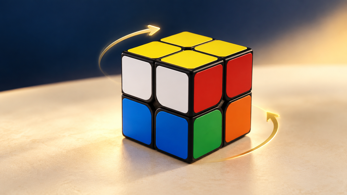 Cube 2×2 coloré et flèches de rotation — méthode débutant Cube Lab